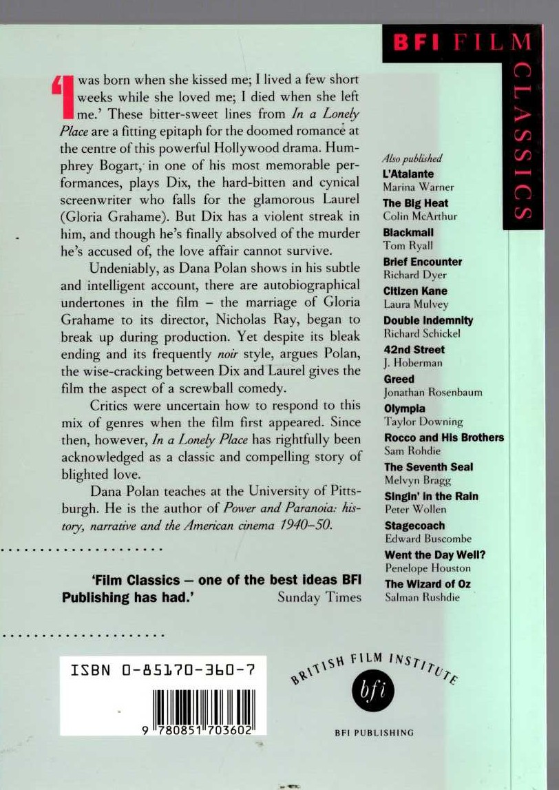 Dana Polan  IN A LONELY PLACE (Bogart) magnified rear book cover image