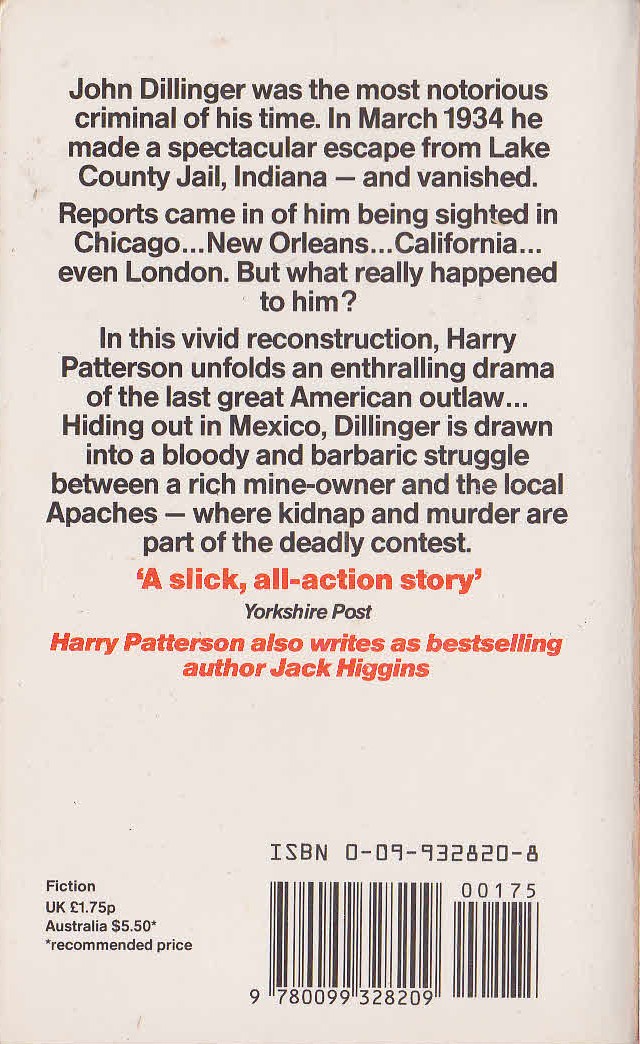 Harry Patterson  DILLINGER magnified rear book cover image