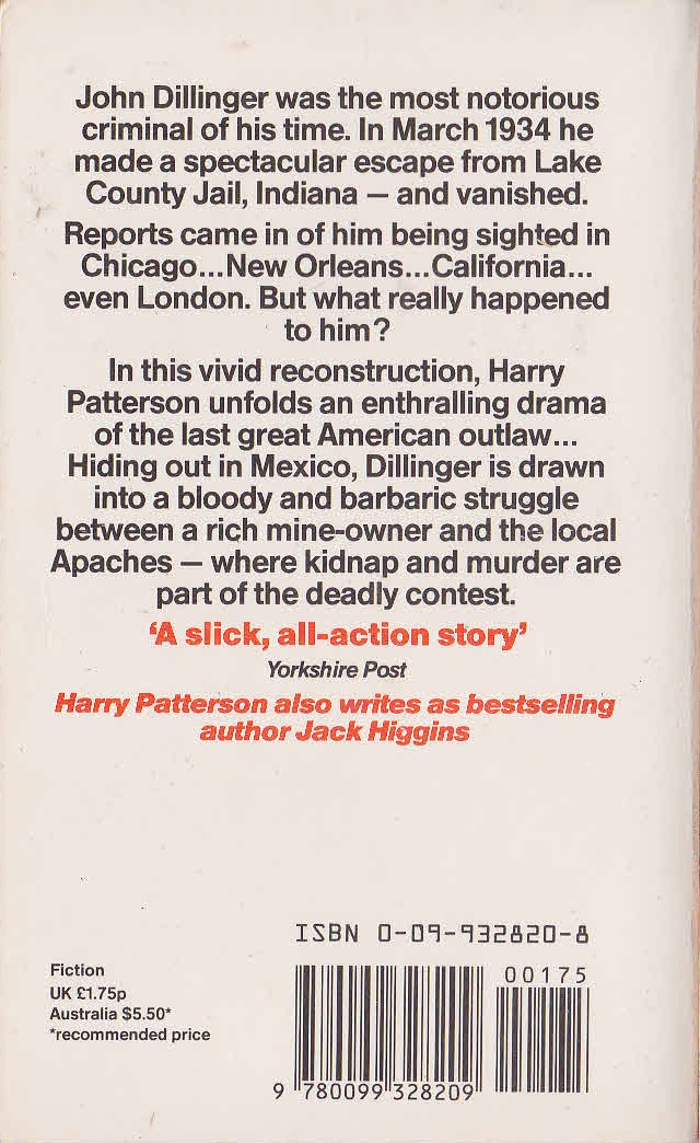 Harry Patterson  DILLINGER magnified rear book cover image