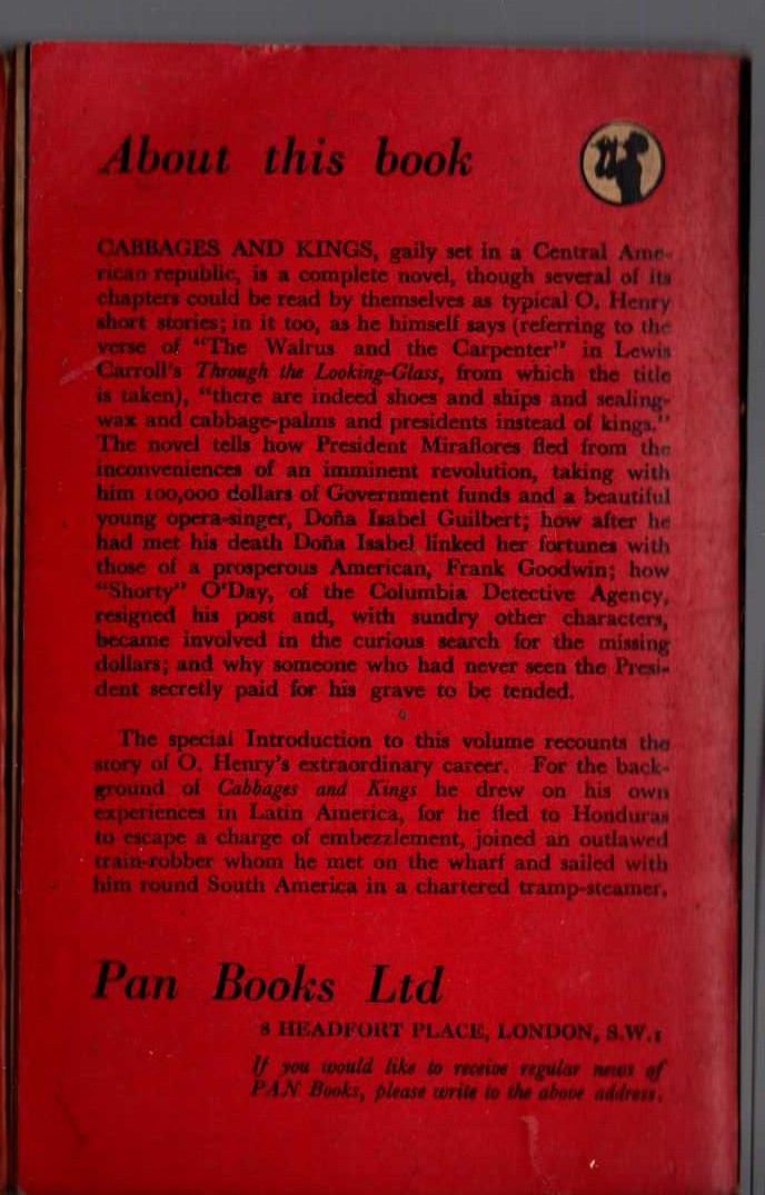 O. Henry  CABBAGES AND KINGS magnified rear book cover image