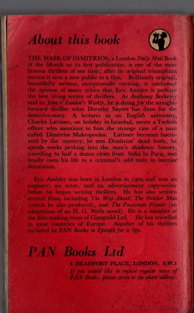 Eric Ambler  THE MASK OF DIMITRIOS magnified rear book cover image