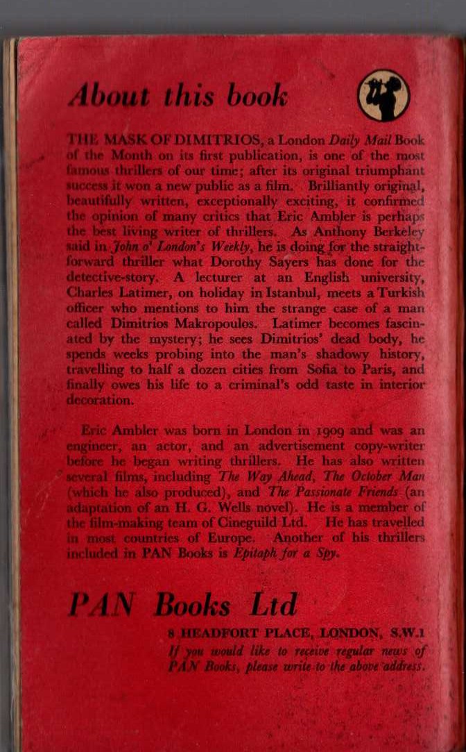 Eric Ambler  THE MASK OF DIMITRIOS magnified rear book cover image