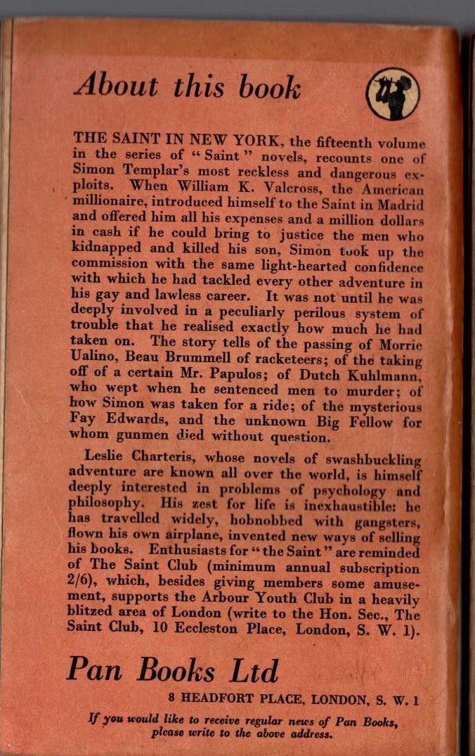 Leslie Charteris  THE SAINT IN NEW YORK magnified rear book cover image
