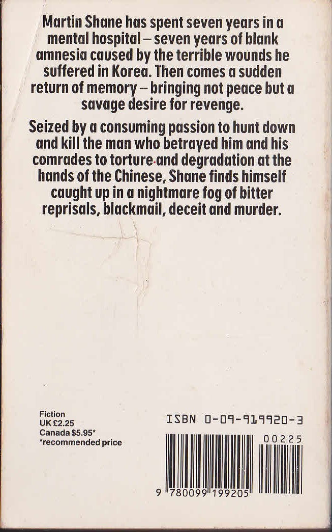 Harry Patterson  COMES THE DARK STRANGER magnified rear book cover image