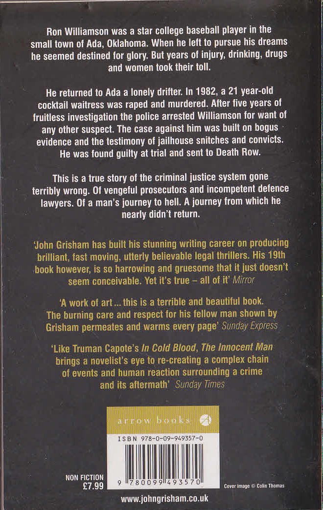 John Grisham  THE INNOCENT MAN (non-fiction) magnified rear book cover image