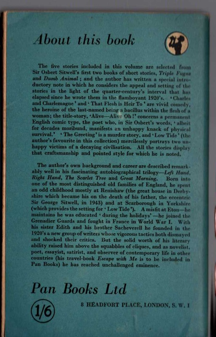 Osbert Sitwell  ALIVE - ALIVE OH! magnified rear book cover image