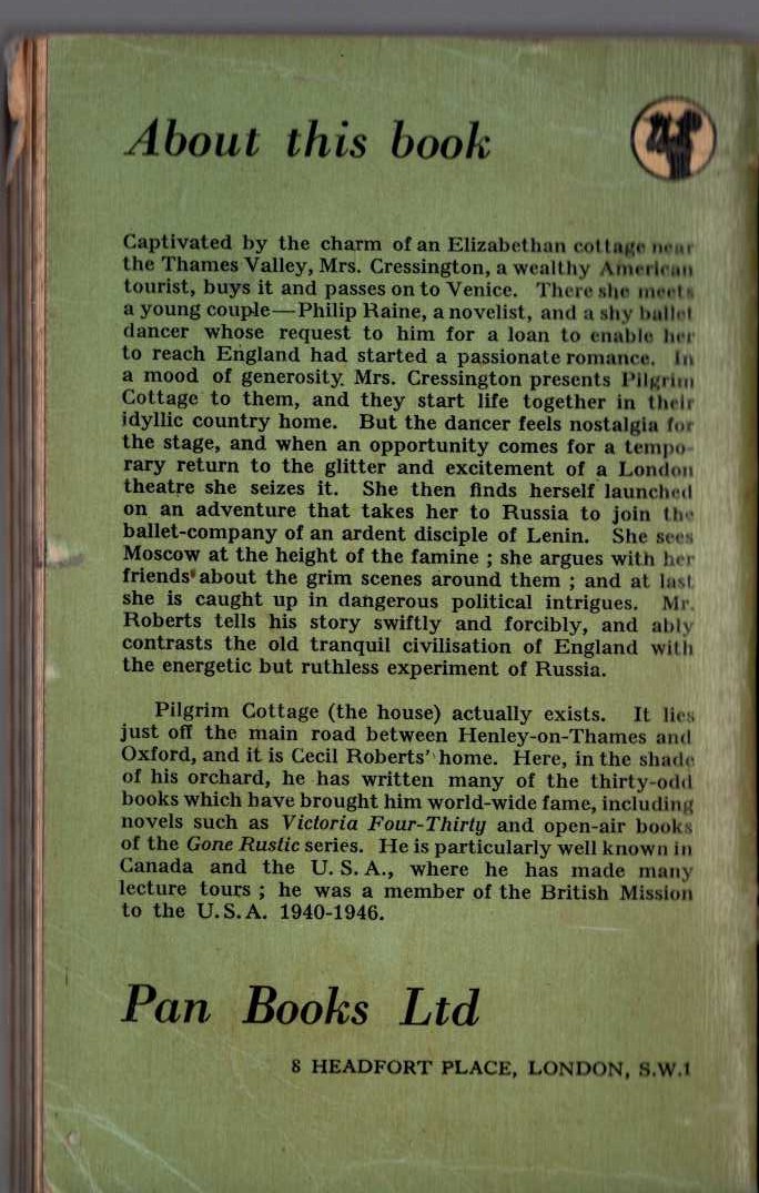 Cecil Roberts  PILGRIM COTTAGE magnified rear book cover image