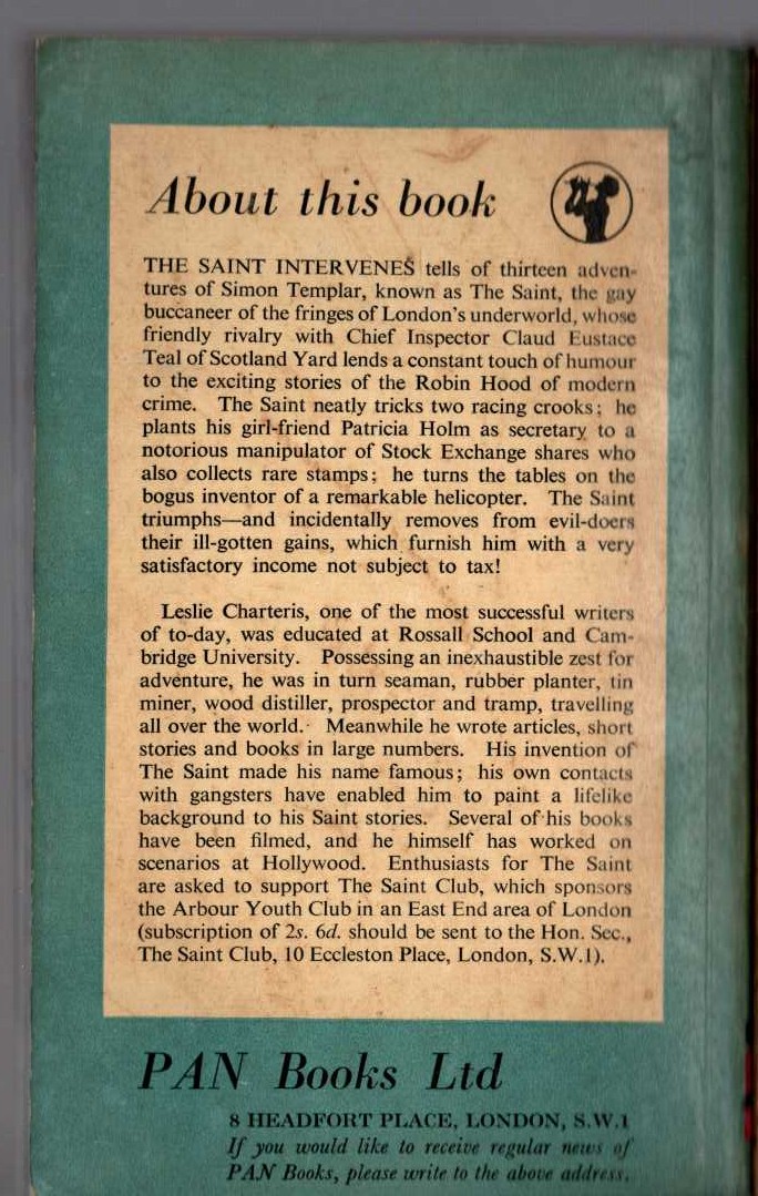 Leslie Charteris  THE SAINT INTERVENES magnified rear book cover image