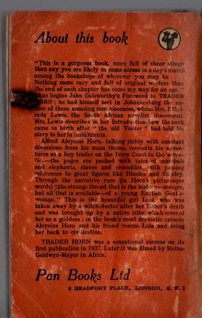 John Galsworthy (Foreword) TRADER HORN magnified rear book cover image