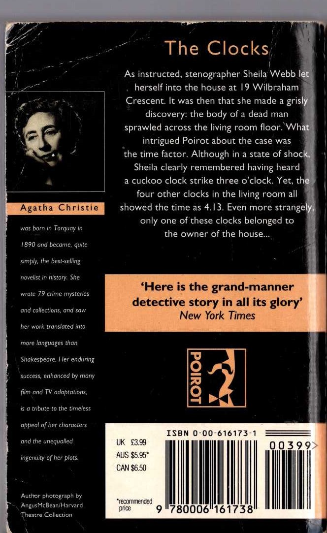 Agatha Christie  THE CLOCKS magnified rear book cover image