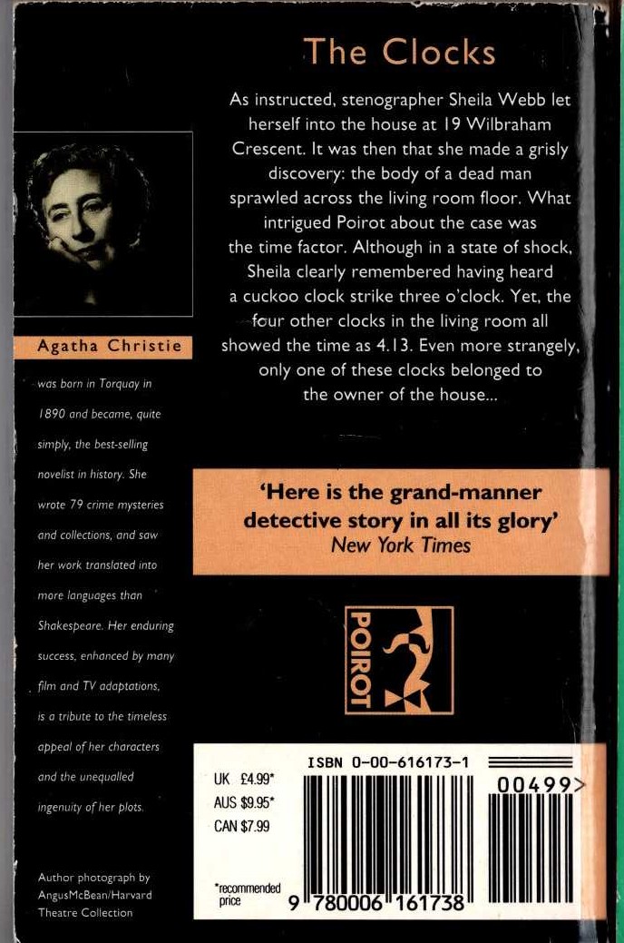 Agatha Christie  THE CLOCKS magnified rear book cover image