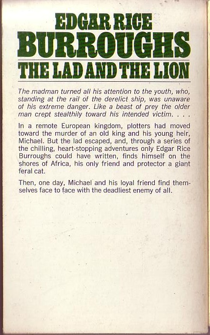 Edgar Rice Burroughs  THE LAD AND THE LION magnified rear book cover image