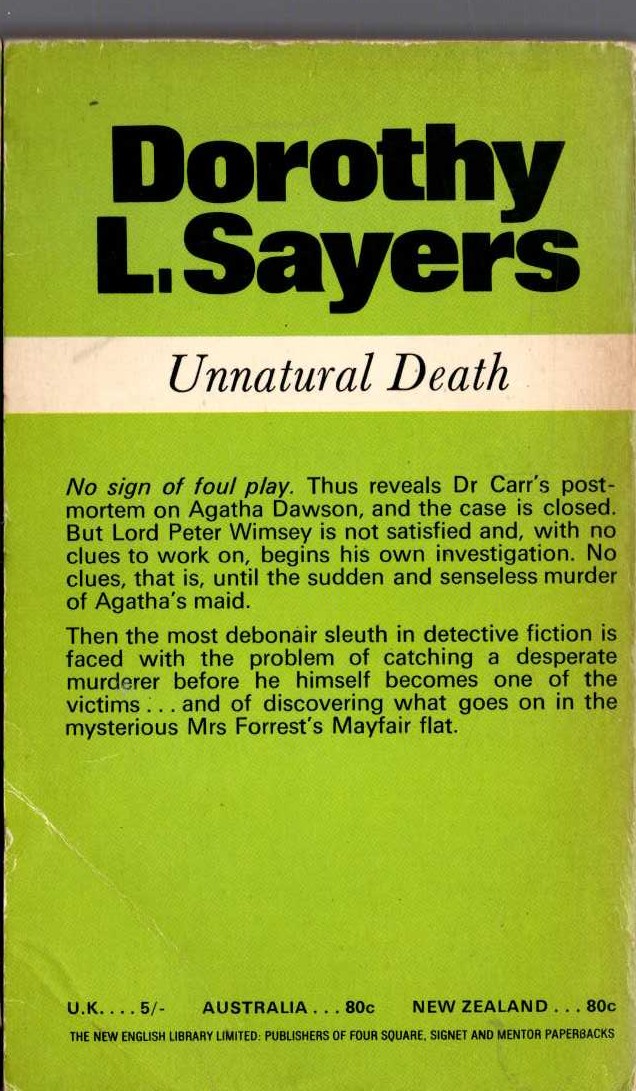 Dorothy L. Sayers  UNNATURAL DEATH magnified rear book cover image