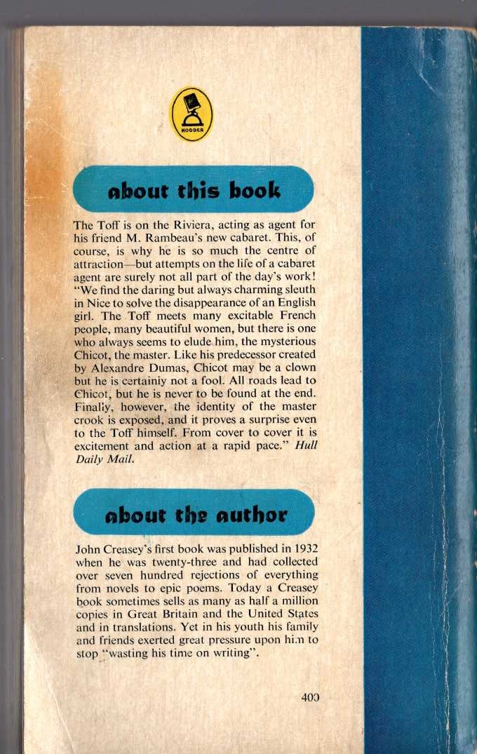 John Creasey  THE TOFF AND THE DEEP BLUE SEA magnified rear book cover image