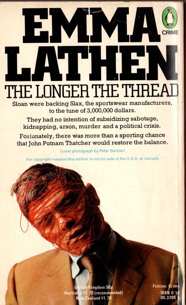 Emma Lathen  THE LONGER THE THREAD magnified rear book cover image