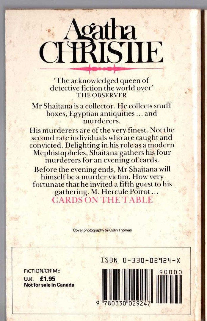 Agatha Christie  CARDS ON THE TABLE magnified rear book cover image