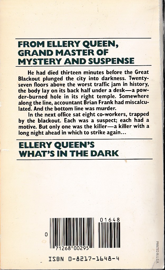 Ellery Queen  WHAT'S IN THE DARK magnified rear book cover image