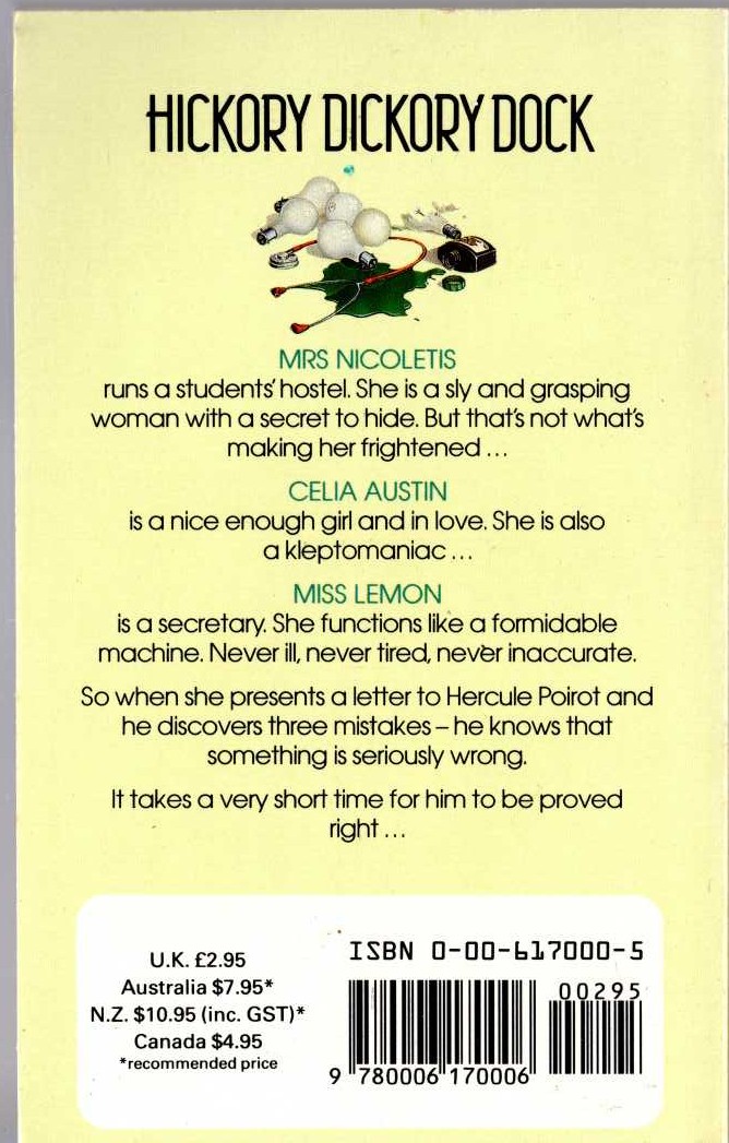 Agatha Christie  HICKORY DICKORY DOCK magnified rear book cover image