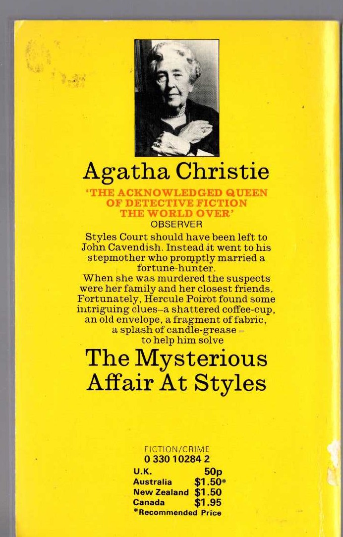 Agatha Christie  THE MYSTERIOUS AFFAIR AT STYLES magnified rear book cover image