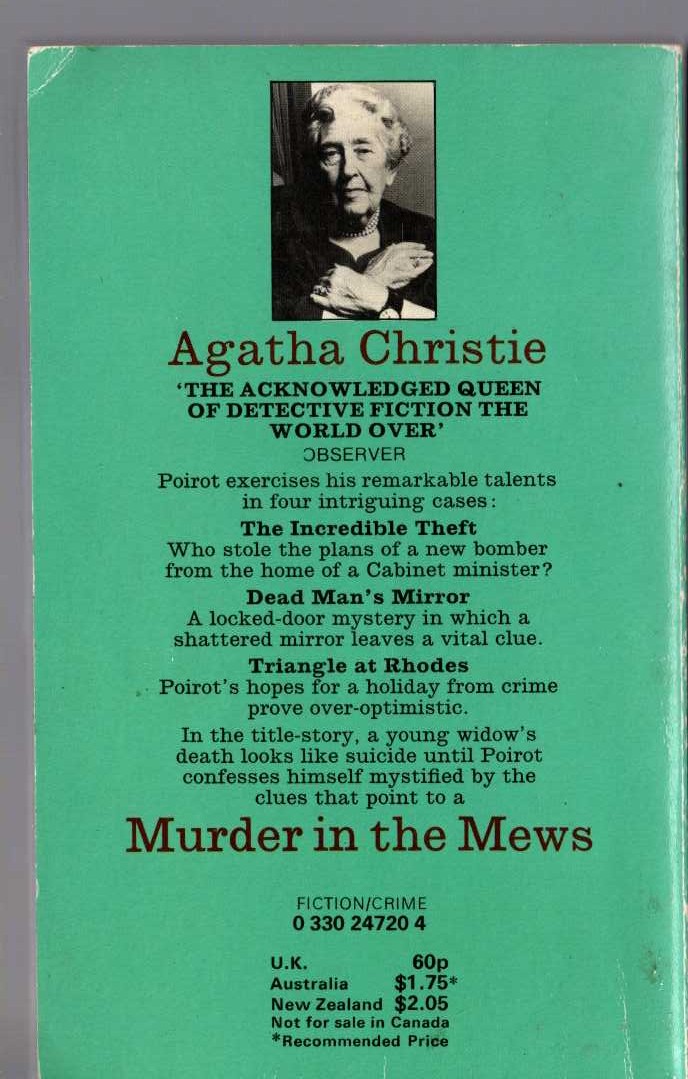 Agatha Christie  MURDER IN THE MEWS magnified rear book cover image