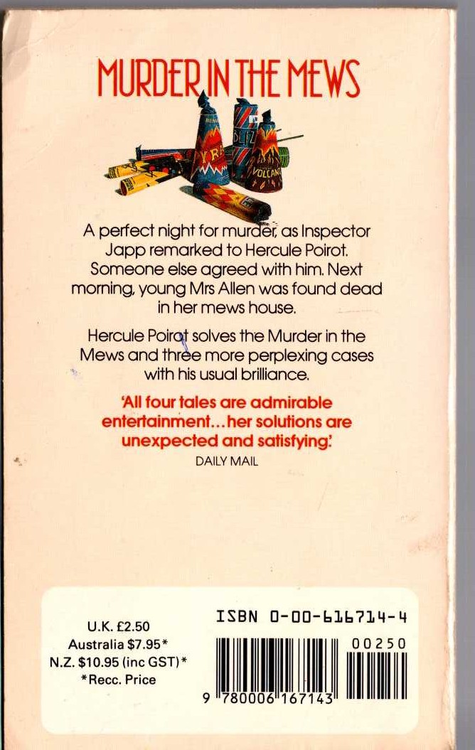 Agatha Christie  MURDER IN THE MEWS magnified rear book cover image