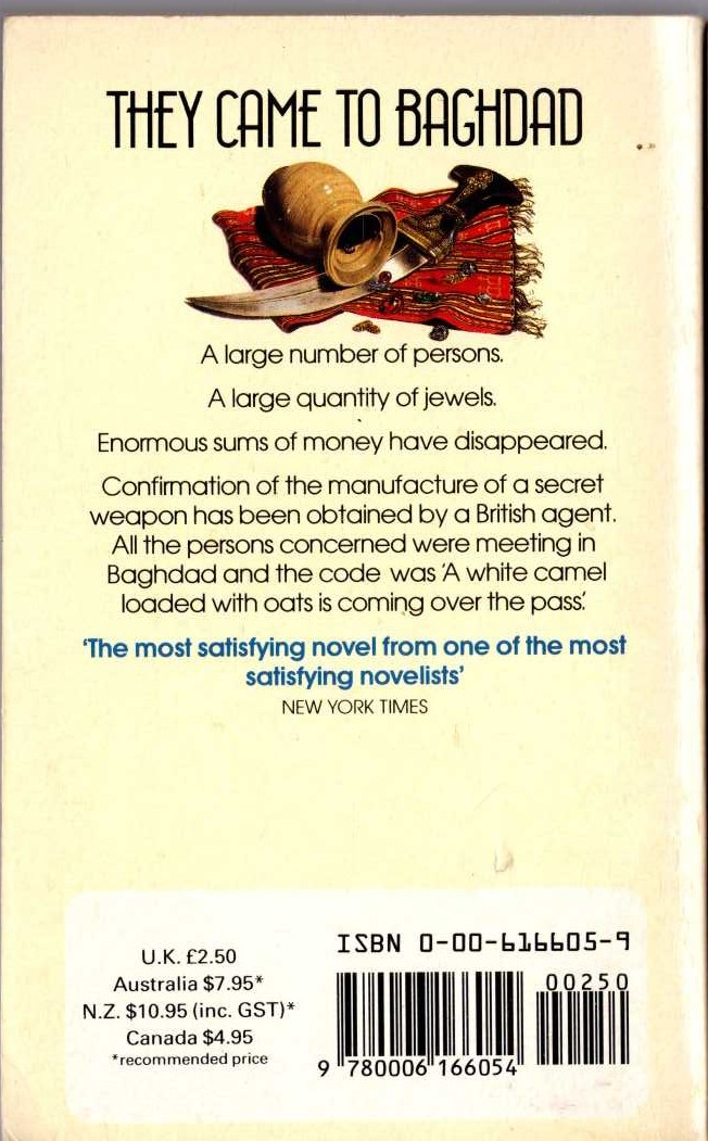 Agatha Christie  THEY CAME TO BAGHDAD magnified rear book cover image