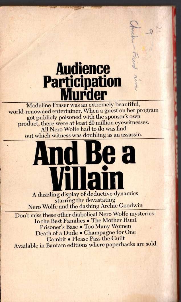Rex Stout  AND BE A VILLAIN magnified rear book cover image