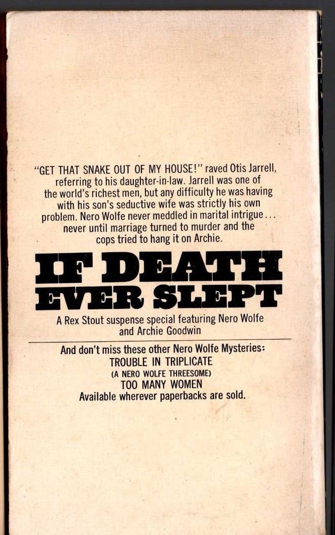 Rex Stout  IF DEATH EVER SLEPT magnified rear book cover image