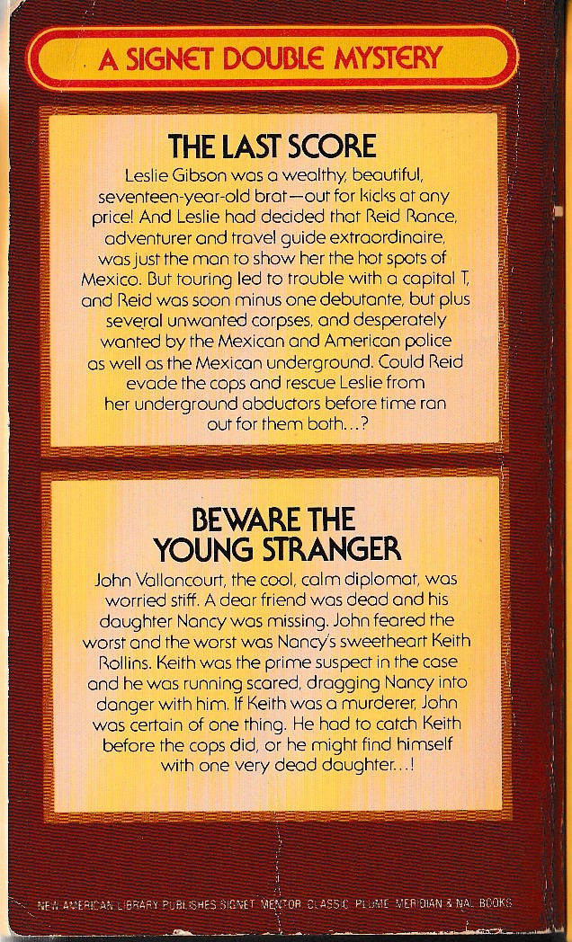 Ellery Queen  THE LAST SCORE and BEWARE THE YOUNG STRANGER magnified rear book cover image