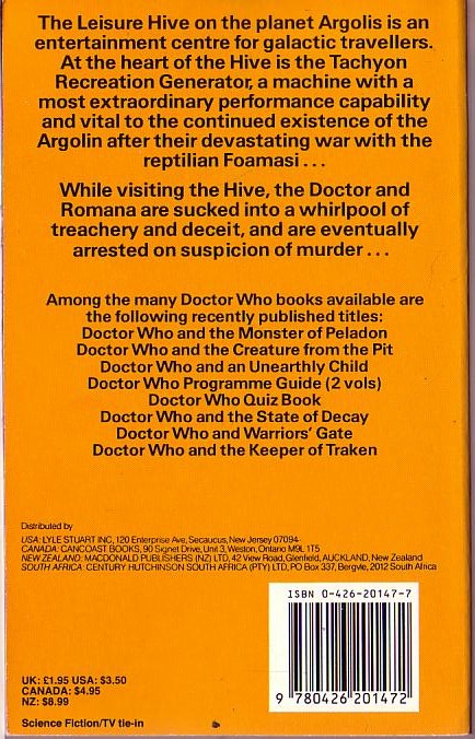 David Fisher  DOCTOR WHO AND THE LEISURE HIVE magnified rear book cover image