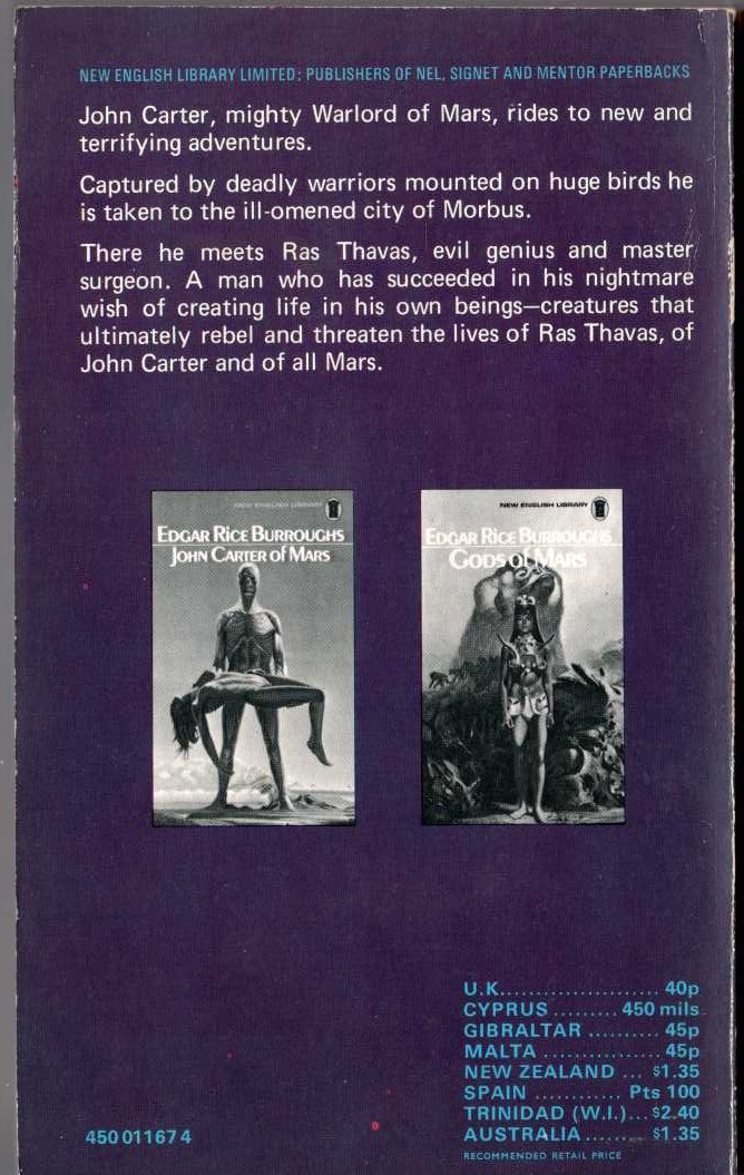 Edgar Rice Burroughs  SYNTHETIC MEN OF MARS magnified rear book cover image