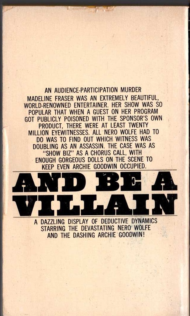 Rex Stout  AND BE A VILLAIN magnified rear book cover image