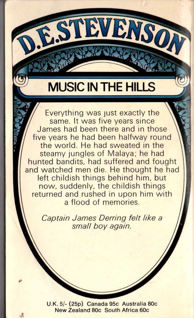 D.E. Stevenson  MUSIC IN THE HILLS magnified rear book cover image