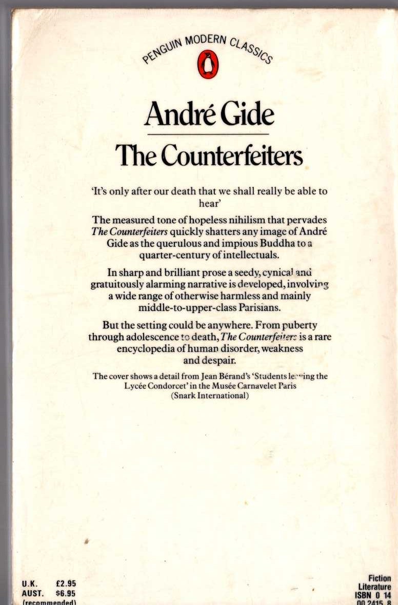 Andre Gide  THE COUNTERFEITERS magnified rear book cover image
