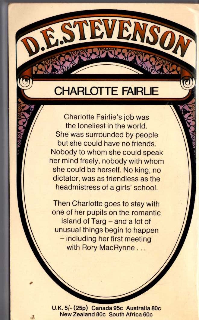 D.E. Stevenson  CHARLOTTE FAIRLIE magnified rear book cover image