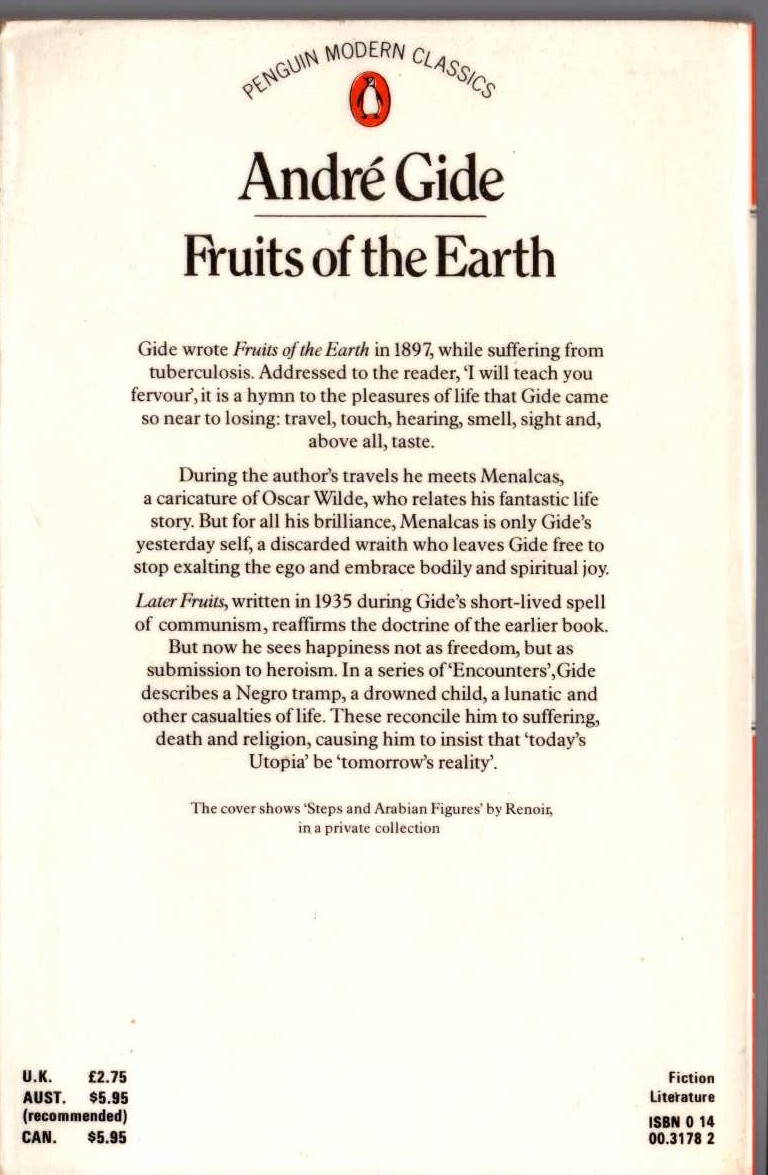 Andre Gide  FRUITS OF THE EARTH magnified rear book cover image