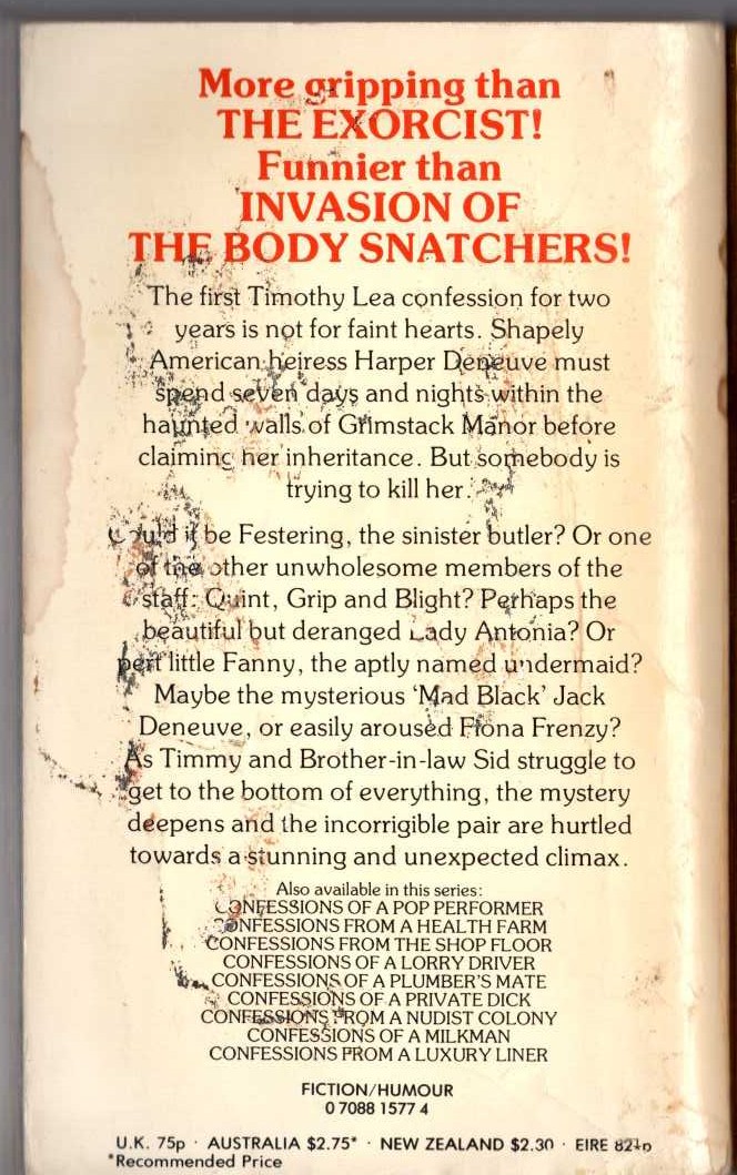 Timothy Lea  CONFESSIONS FROM A HAUNTED HOUSE magnified rear book cover image