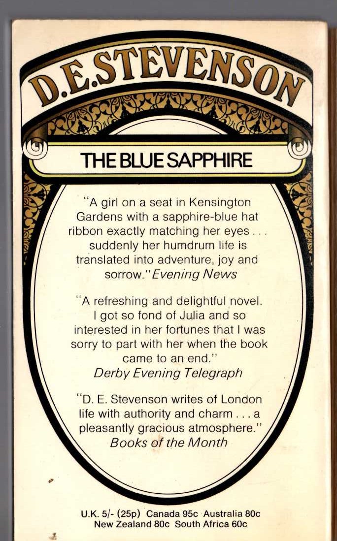 D.E. Stevenson  THE BLUE SAPPHIRE magnified rear book cover image