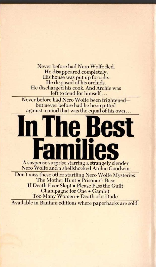 Rex Stout  IN THE BEST OF FAMILIES magnified rear book cover image