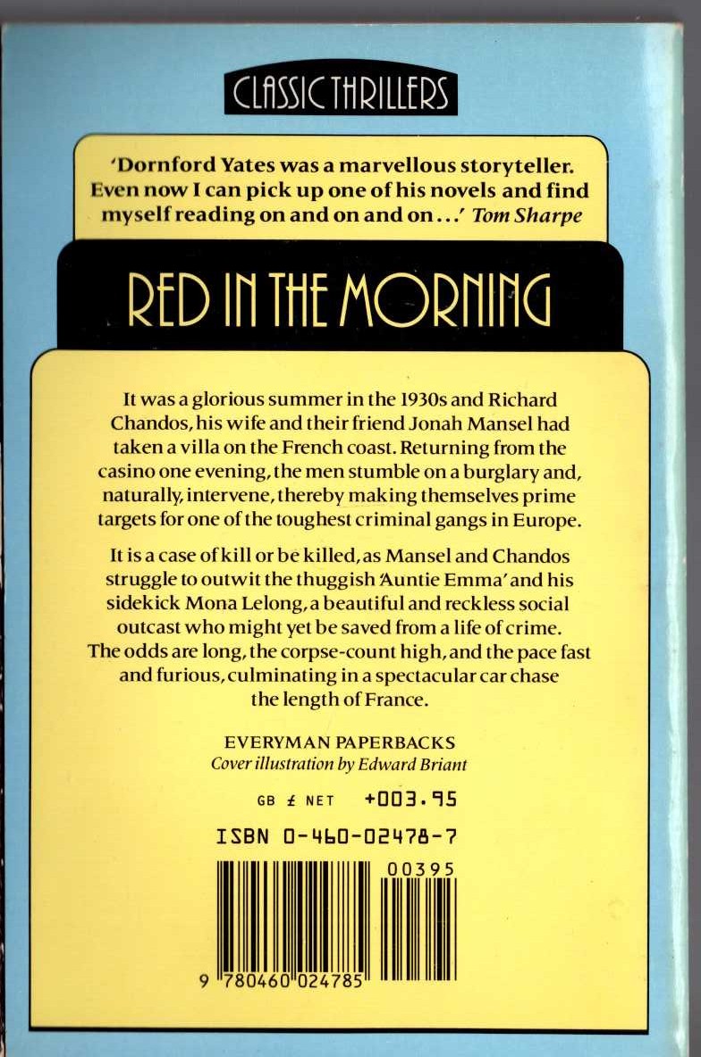 Dornford Yates  RED IN THE MORNING magnified rear book cover image