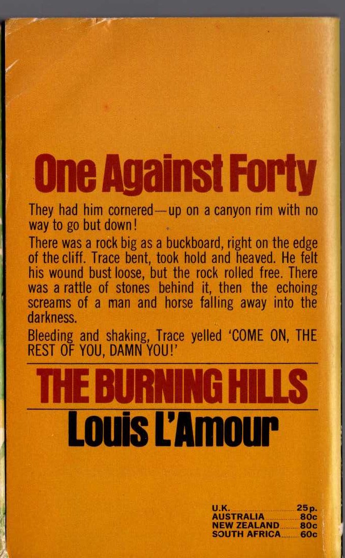 Louis L'Amour  THE BURNING HILLS magnified rear book cover image