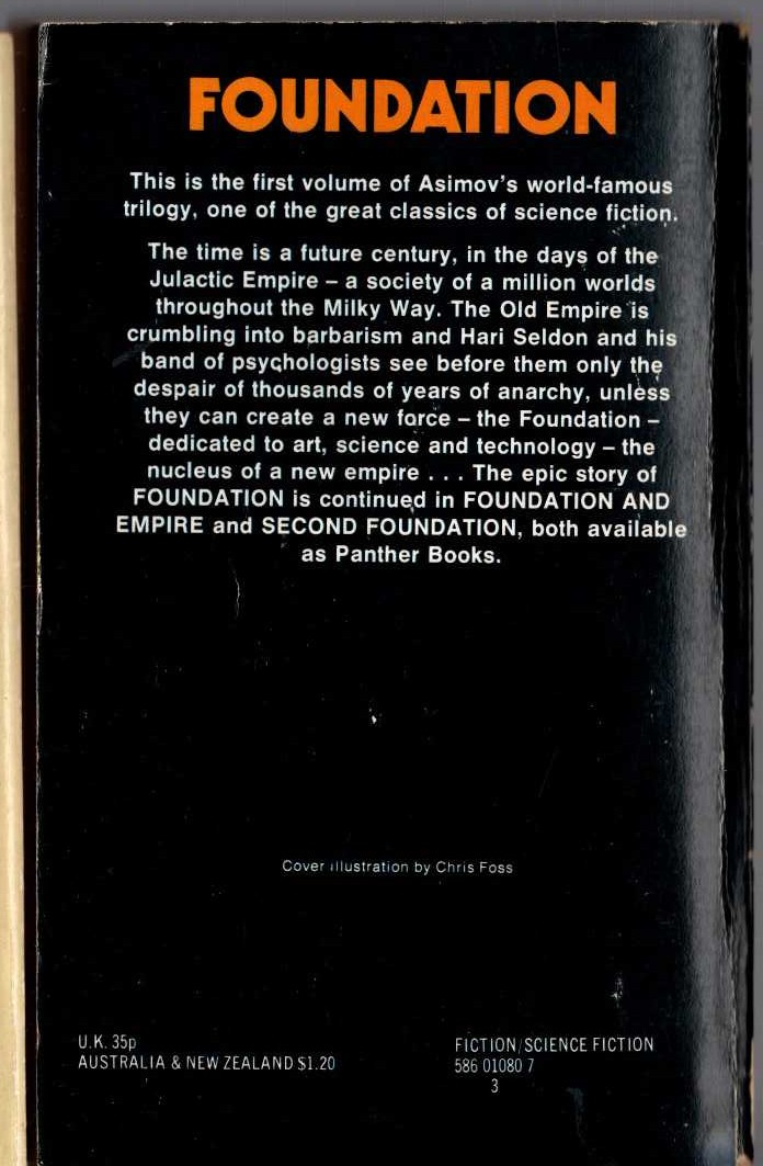 Isaac Asimov  FOUNDATION magnified rear book cover image