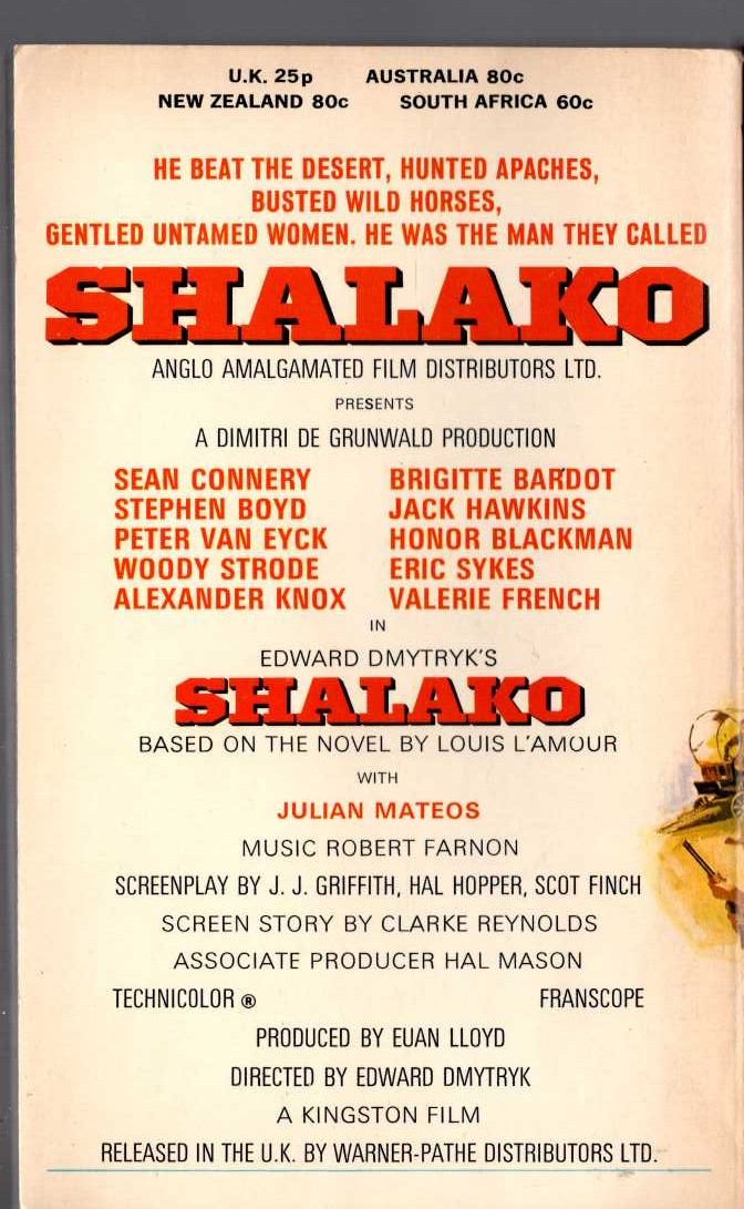 Louis L'Amour  SHALAKO (Film tie-in: Sean Connery & Brigitte Bardot) magnified rear book cover image