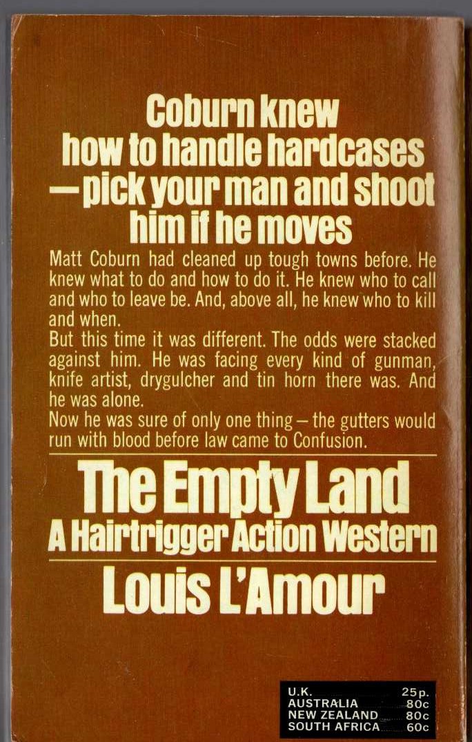 Louis L'Amour  THE EMPTY LAND magnified rear book cover image