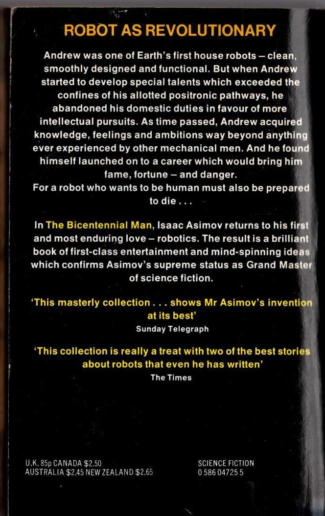 Isaac Asimov  THE BICENTENNIAL MAN magnified rear book cover image