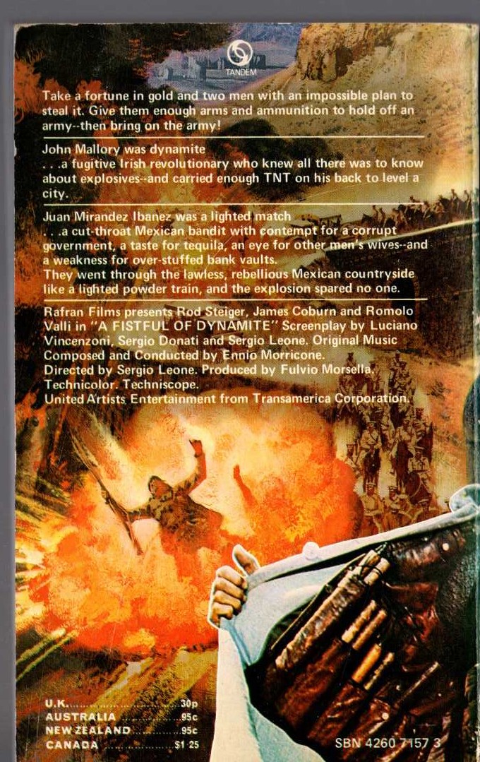 James Lewis  A FISTFUL OF DYNAMITE (James Coburn) magnified rear book cover image