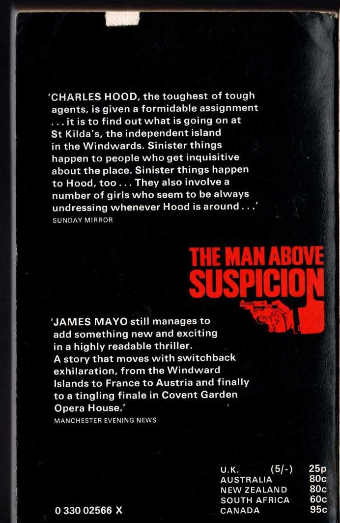 James Mayo  THE MAN ABOVE SUSPICION magnified rear book cover image