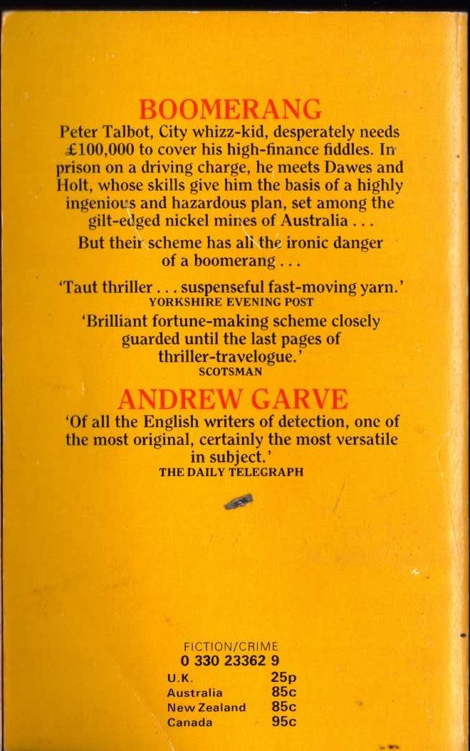 Andrew Garve  BOOMERANG magnified rear book cover image