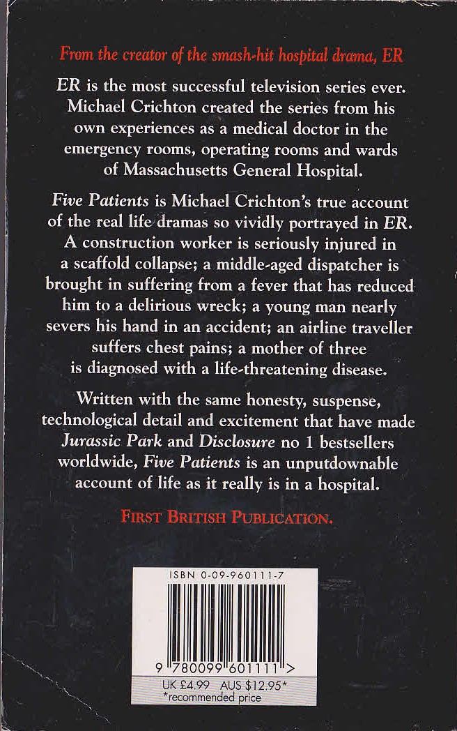 Michael Crichton  FIVE PATIENTS magnified rear book cover image