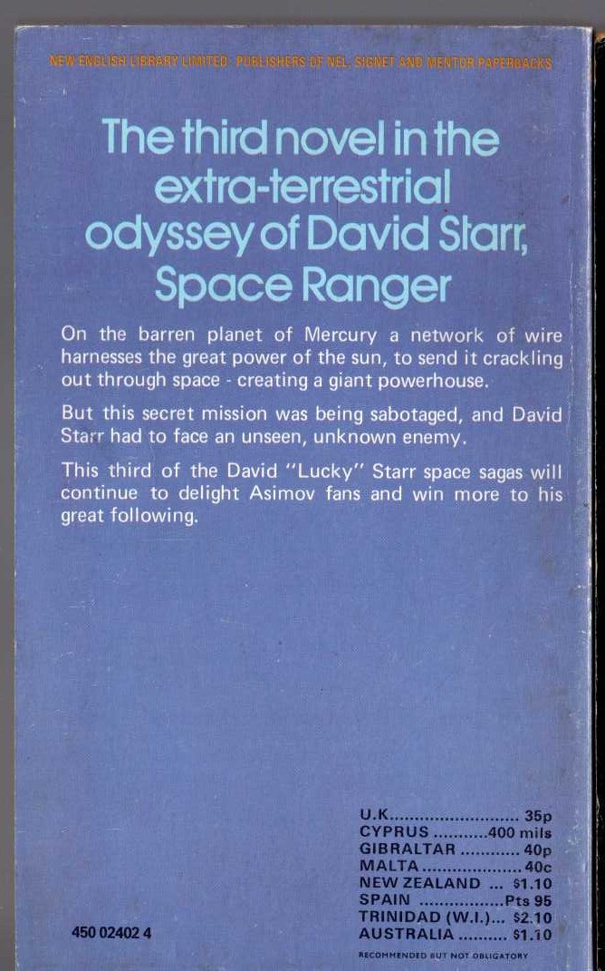 Isaac Asimov  THE BIG SUN OF MERCURY magnified rear book cover image